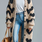 ElevenOra Chic Vintage Beige-Black Heart Jacquard Relaxed Fit Single-Breasted Long Sleeve Knit Long Cardigan
