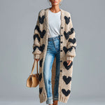 ElevenOra Chic Vintage Beige-Black Heart Jacquard Relaxed Fit Single-Breasted Long Sleeve Knit Long Cardigan