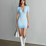 ElevenOra Chic Vintage Light Blue White Argyle Pattern Deep V-Neck Short-Sleeve Slim-Fit Bodycon Knit Mini Dress