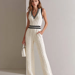 ElevenOra Chic Elegant Cream White V-Neck Sleeveless Contrast Trim Detail Elastic-Waist Loose-Fit Cable Knit Jumpsuit