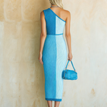 ElevenOra Chic Elegant Blue Colorblock One-Shoulder Sleeveless Slim-Fit Side Slit Ribbed Knit Midi Dress