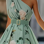 Julie | Light Green Floral Chiffon One-Shoulder Maxi Dress