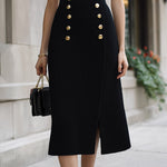 ElevenOra Chic Elegant Black High Waist Gold Button Details Slit A-Line Ribbed Knit Midi Skirt