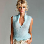 ElevenOra Chic Elegant Light Blue Stand Collar V-Neck Button Detail Slim-Fit Mohair Knit Vest