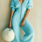 ElevenOra Chic Elegant Blue V-Neck Zipper-Front Short-Sleeve Tailored Waist Straight-Leg Fuzzy Knit Jumpsuit