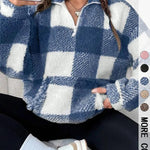 SAVANNAH™ - Stylish Plaid Print Half Zip Sweatshirt Casual Long Sleeve