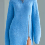 ElevenOra Chic Casual Blue Round Neck Long Sleeve Zipper-Front Side Slit Oversized Fuzzy Knit Mini Dress