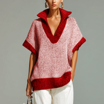 ElevenOra Fashion Casual Beige Stand-Collar Colorblock Loose Sleeveless Knit Vest