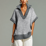 ElevenOra Fashion Casual Beige Stand-Collar Colorblock Loose Sleeveless Knit Vest