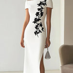 Audrey | Chic Floral Print Boat Neck Midi Dress Outfit