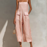 ElevenOra Chic Elegant Pink Cotton Linen Blend Thin Straps Sleeveless  Patch Pockets Loose-Fit Wide-Leg Cropped Jumpsuit