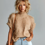ElevenOra Chic Vintage Camel Mock Neck Short Sleeve Loose Fuzzy Mohair Knit Sweater Top