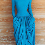 ElevenOra Chic Vintage Dark Blue Turtleneck Slim-Fit Long-Sleeve Top Ruched Irregular Hem Maxi Skirt Two-Piece Set
