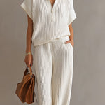ElevenOra Chic Elegant Cream White Zipper-Up Stand Collar Oversize Short-Sleeve Sweater  Wide-Leg Pants Ribbed Knit Two-Piece Set