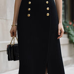 ElevenOra Chic Elegant Black High Waist Gold Button Details Slit A-Line Ribbed Knit Midi Skirt
