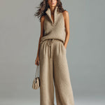 ElevenOra Chic Elegant Camel Stand Collar V-Neck Sleeveless Sweater  Wide-Leg Pants Ribbed Knit Two-Piece Set