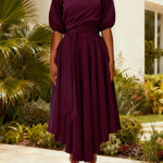 ZEBY™ - Elegant Women's Belted Bishop Sleeve Boat Neck A-Line Dress
