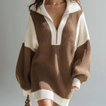 ElevenOra Chic Elegant Zip-Up Lapel Collar Oversized Long Sleeve Colorblock Knit Mini Dress
