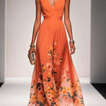 Rose | Light Blue Floral Chiffon V-Neck Maxi Dress