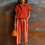 ElevenOra Chic Elegant Orange-White Colorblock Lapel V-Neck Short-Sleeve Loose-Fit Sweater Elastic-Waist Pants Knit Two-Piece Set