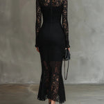 Vicky | Elegant Black Stretchy Lace Fishtail Maxi Dress