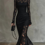 Vicky | Elegant Black Stretchy Lace Fishtail Maxi Dress