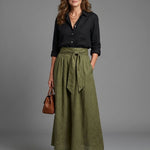 Greer | Two Piece Set Black Blouse Olive Green Midi Skirt