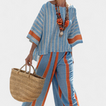 Kacie | Sophisticated Terracotta Striped Top & Linen Pants