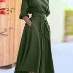 ZEBY™ - Elegant Women's Belted Bishop Sleeve Boat Neck A-Line Dress