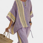 Elowric | Elegant Lavender Top & Mustard Striped Pants