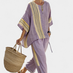 Marsha | Elegant Lavender Top & Mustard Striped Pants