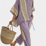 Elowric | Elegant Lavender Top & Mustard Striped Pants