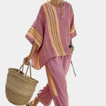 Elowric | Elegant Lavender Top & Mustard Striped Pants
