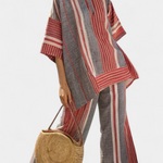 Bravine | Elegant Coral-Gray Linen Top & Wide-Leg Pants