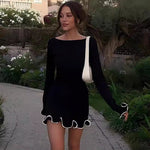 SARAH™ - Elegant Colorblock Wave Hem A-Line Long Sleeve Dress