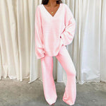 REBECCA™ - Women’s 2-Piece Lounge Set Soft Chunky V-Neck Top & Wide Leg Pants for Homewear