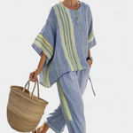 Marsha | Elegant Lavender Top & Mustard Striped Pants
