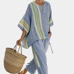 Elowric | Elegant Lavender Top & Mustard Striped Pants