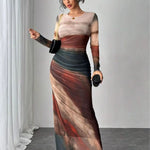 TORINA™ - Comfy Printed Long Sleeve Round Neck Bodycon Maxi Dress