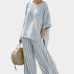 Kalea | Sophisticated Blue Striped Linen Top & Relaxed Pants