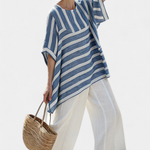 Lourdes | Sophisticated Blue Striped Top & Hem-Detailed Pants