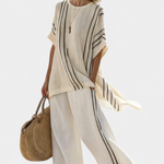 Emelia | Elegant Ivory Linen Blouse & Black Striped Pants