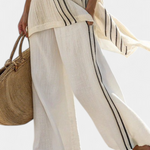 Emelia | Elegant Ivory Linen Blouse & Black Striped Pants