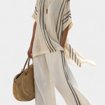 Emelia | Elegant Ivory Linen Blouse & Black Striped Pants