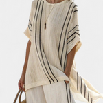 Emelia | Elegant Ivory Linen Blouse & Black Striped Pants