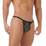 2 Pack Men's Sexy Mesh Thongs with U-Pouch, Breathable Transparent Checkered Design