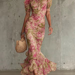 Mae | Vintage Rose Print Puff Sleeve Maxi Dress