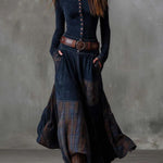 Leonora | Vintage Long Dress in Navy Blue Suede Check (Includes Belt)