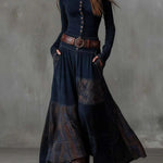 Leonora | Vintage Long Dress in Navy Blue Suede Check (Includes Belt)