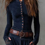 Leonora | Vintage Long Dress in Navy Blue Suede Check (Includes Belt)